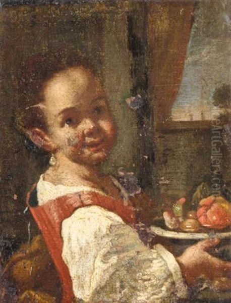 Portrait Of A Girl Holding A Bowl Of Fruit Oil Painting by Antonio Amorosi