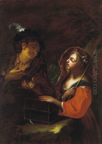 Giovanotto Con Una Pastorella Che Tiene Chiusa La Gabbia Per Uccelli, Simbolo Della Verginita Oil Painting by Antonio Amorosi