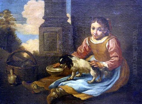 Fillette Nourrissant Son Chien Oil Painting by Antonio Amorosi