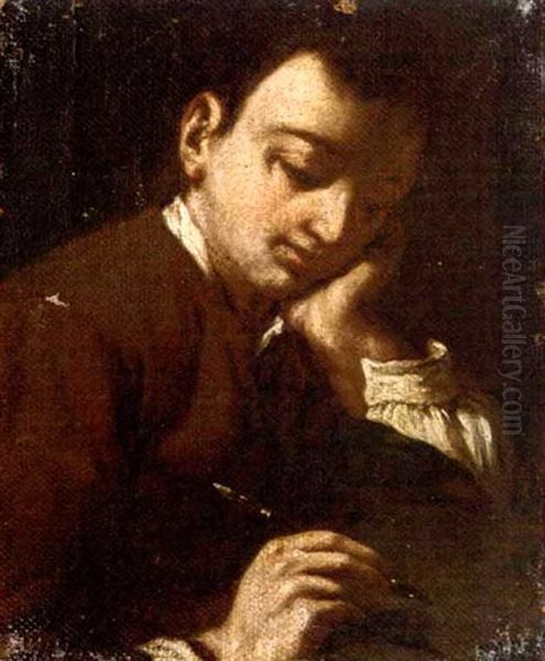 A Boy Writing (+ A Girl Sewing; Pair) Oil Painting by Antonio Amorosi