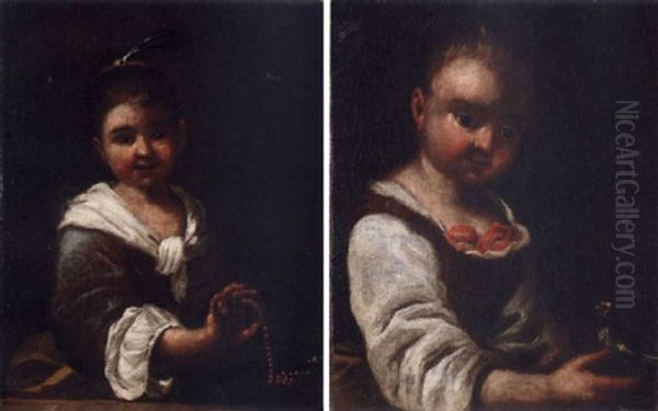 Portrait Of A Young Girl In A Blue Dress And A White Shawl, Holding A Rosary Oil Painting by Antonio Amorosi