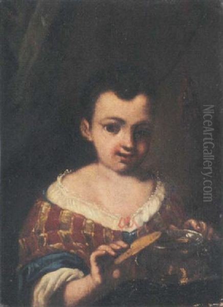 Portrait Of A Young Girl Standing Beside A Table With A Jar Oil Painting by Antonio Amorosi