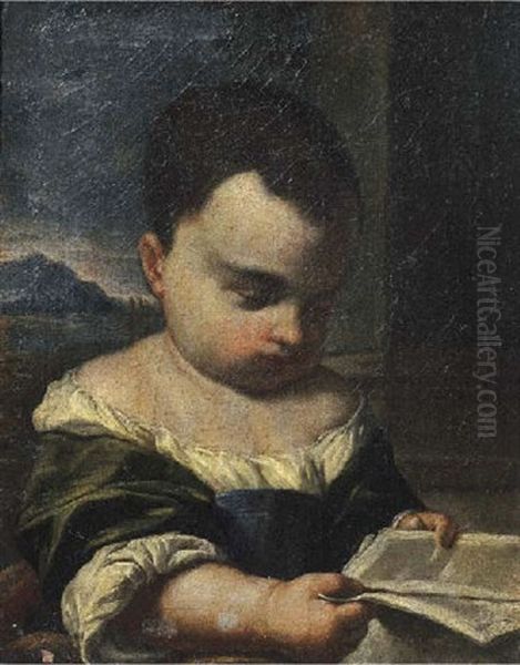 A Young Girl Reading A Book, A Landscape Beyond Oil Painting by Antonio Amorosi