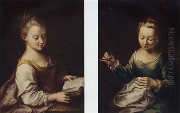 Portrait Of A Girl In A Yellow And Pink Dress Reading Oil Painting by Antonio Amorosi