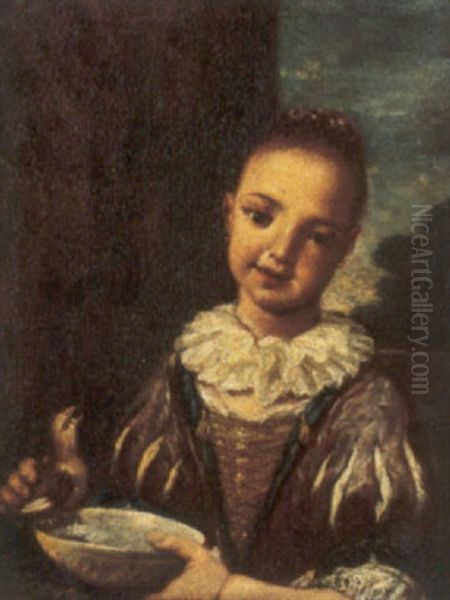 Fanciulla Con Uccellino Che Si Bagna In Una Ciotola Oil Painting by Antonio Amorosi
