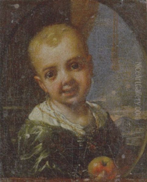 Bambina Presso Una Colonna En Plein Air, Con Una Mela In Mano Oil Painting by Antonio Amorosi