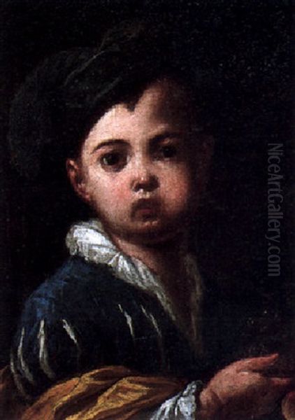 Portrait Of A Little Boy Wearing A Blue Slashed Doublet And Cap, Holding Grapes Oil Painting by Antonio Amorosi