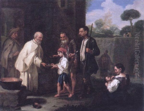 Beggars Receiving Alms From Friars Oil Painting by Antonio Amorosi