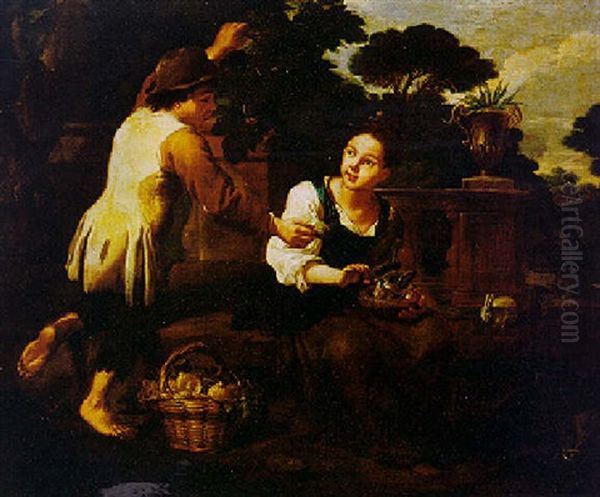 A Peasant Boy With A Girl Holding A Bird's Nest Oil Painting by Antonio Amorosi