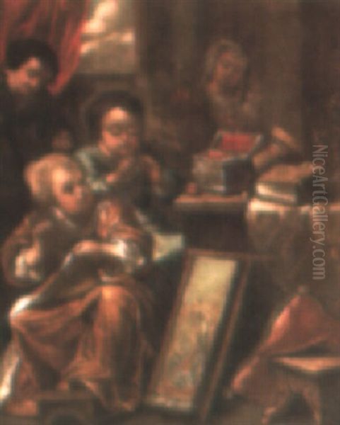 Young Ladies In An Interior Sewing And Making Jewellery Oil Painting by Antonio Amorosi