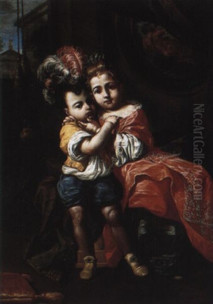 Boy And Girl Embracing In A Palatial Interior Oil Painting by Antonio Amorosi