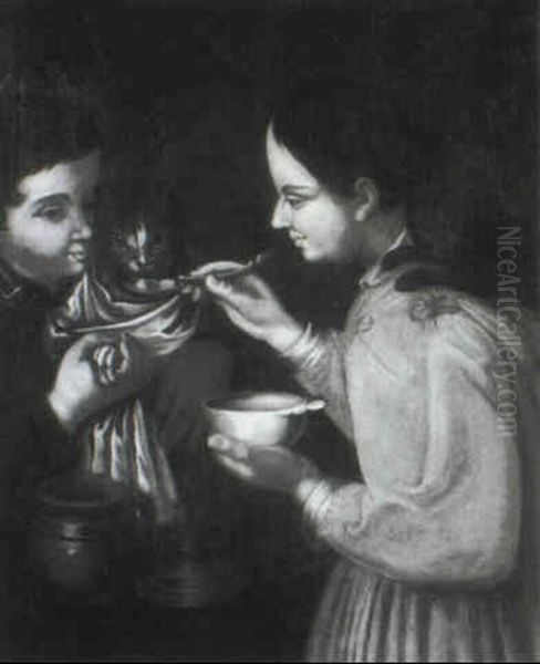 Jeune Fille Donnant A Manger A Son Chat Oil Painting by Antonio Amorosi