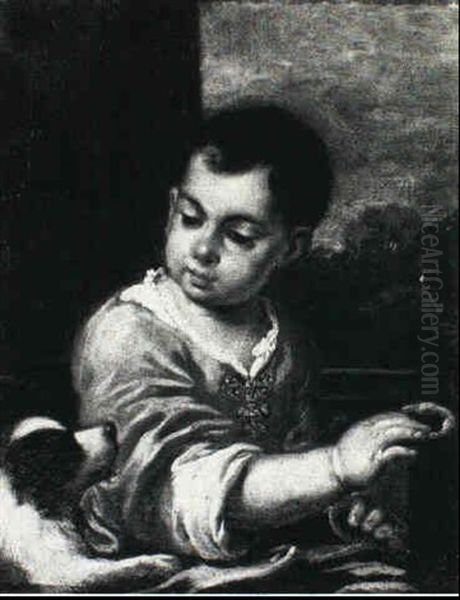 Child Holding A Ciambella, A Dog To The Left Oil Painting by Antonio Amorosi