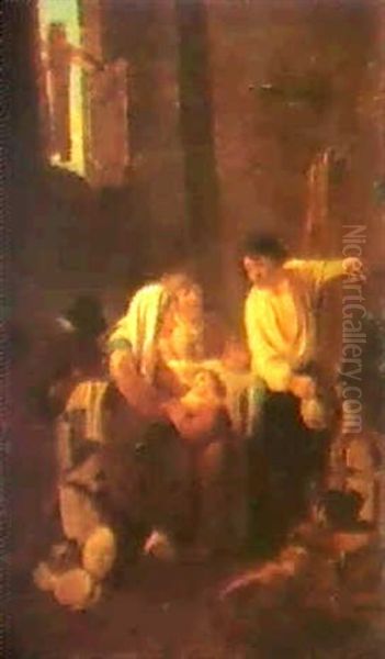 An Interior With A Peasent Filing A Carafe.... Oil Painting by Antonio Amorosi