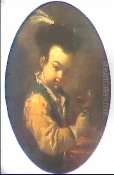 Fillette Donnant Un Biscuit A Un Chien                      Enfant Buvant Un Verre De Vin (2 Panneaux Ovales) Oil Painting by Antonio Amorosi