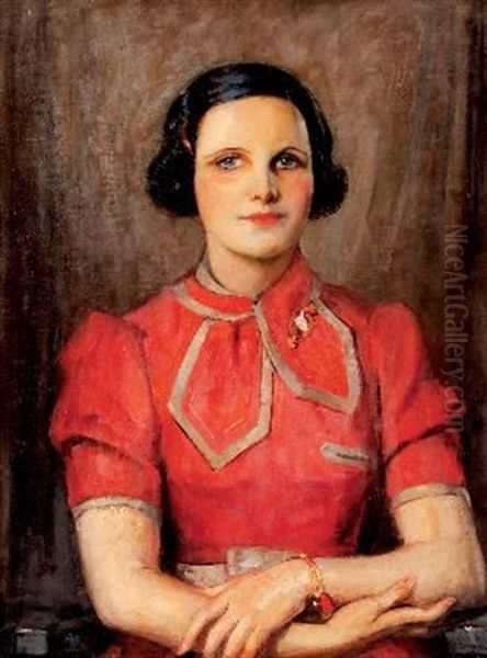 Lady In Red Oil Painting by John Henry Amshewitz