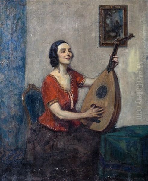 Mandolin Player Oil Painting by John Henry Amshewitz