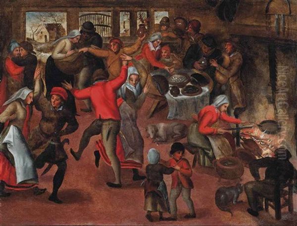 Figures Merrymaking In An Interior, A Woman Cooking At The Hearth Oil Painting by Jan van Amstel