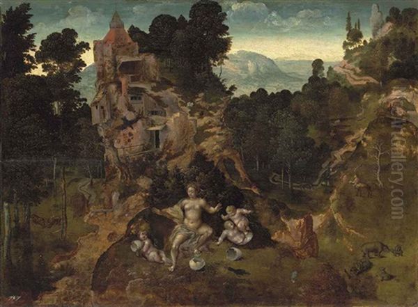 A Mountainous Landscape With Leda And Her Hatchlings, Saint Antony Abbot And The Centaur Beyond Oil Painting by Jan van Amstel