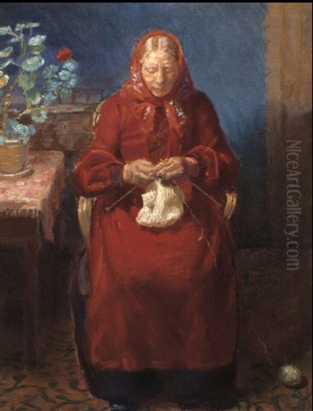 Skagenskone I Rod Og Bla Kjole, Sidende I Den Bla Stue Med  Sit Strikketoj Oil Painting by Anna Kirstine Ancher