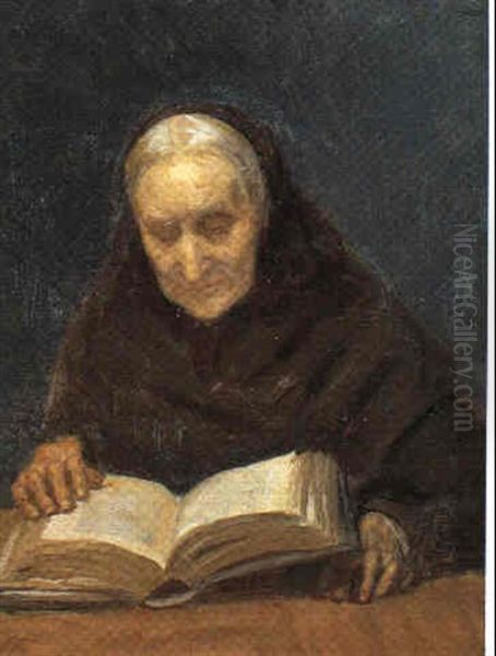 Portraet Af Kunstnerindens Moder Fru Ane Hedvig Brondum,    Laesende I En Bog Oil Painting by Anna Kirstine Ancher