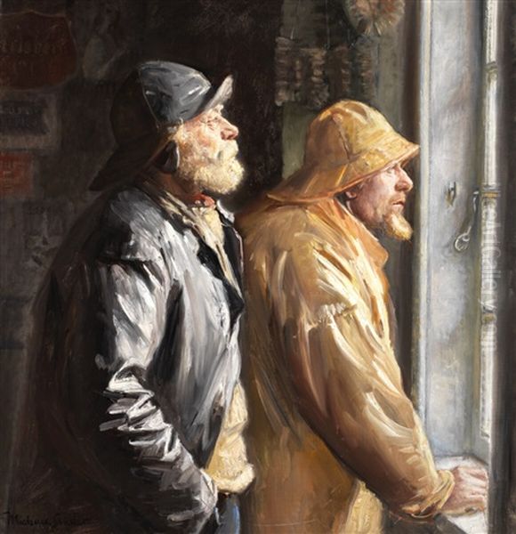 Two Fishermen From Skagen At The Window In The Shop Oil Painting by Michael Peter Ancher