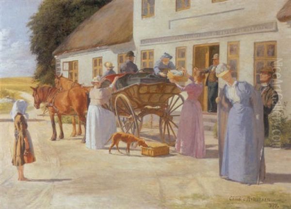 Sondagsudflugt Sommerdag Med Talrige Personer Omkring Hestevogn Oil Painting by Cilius (Johannes Konrad) Andersen