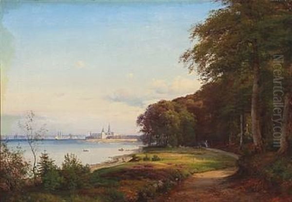 Summer Day At Hellebaek With A View To Kronborg Castle Oil Painting by Anders Andersen-Lundby