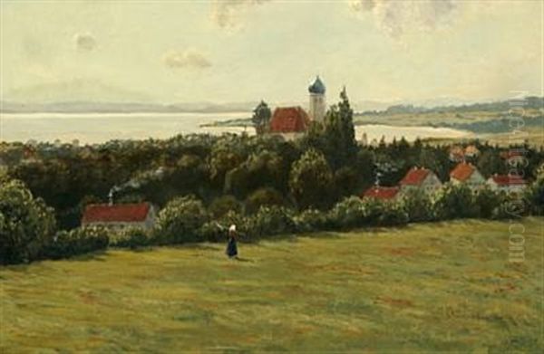 A South German Landscape With Church And A Larger Lake Oil Painting by Anders Andersen-Lundby