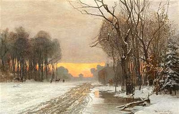 Vinterdag Udenfor Munchen Med Hjorte I Solnedgangens Skaer Oil Painting by Anders Andersen-Lundby