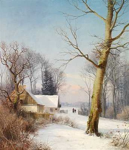 Sol I Vinterskoven Med Kone Og Dreng Pa En Sti Ud For Et Bondehus Oil Painting by Anders Andersen-Lundby