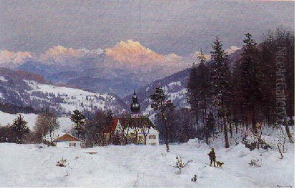 Parti Fra Schweiz, Vinter, I Forgrunden Jaeger Med Hund, I Baggrunden Eiger, Monch Og Jungfrau Oil Painting by Anders Andersen-Lundby