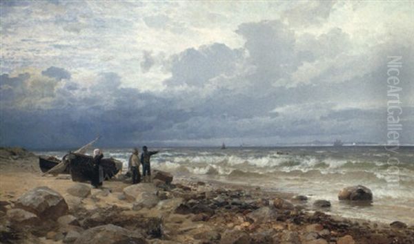 Fishermen On The Shore Oil Painting by Anders Andersen-Lundby