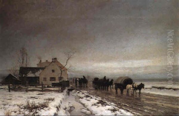 Vinterlandskab Med Rejsende Der Skifter Heste Oil Painting by Anders Andersen-Lundby