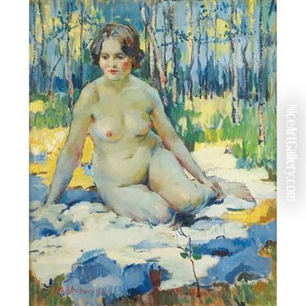 In The Woods, Nude In The Forest Oil Painting by Ruth A. (Temple) Anderson