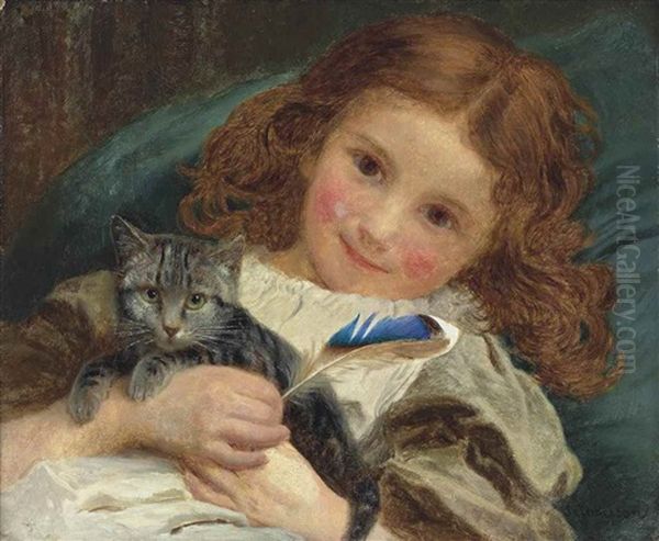 A Little Girl With A Kitten Oil Painting by Sophie Gengembre Anderson