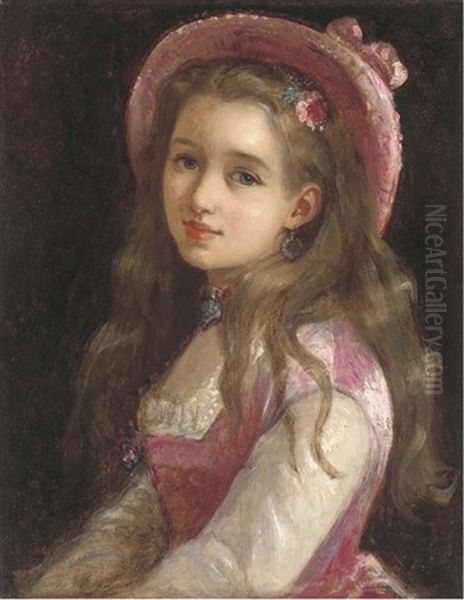 Portrait Of A Young Girl, Half-length In A Pink Dress And Hat Oil Painting by Sophie Gengembre Anderson
