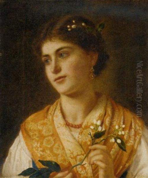 A Young Woman Holding A Sprig Of Orange Blossom Oil Painting by Sophie Gengembre Anderson