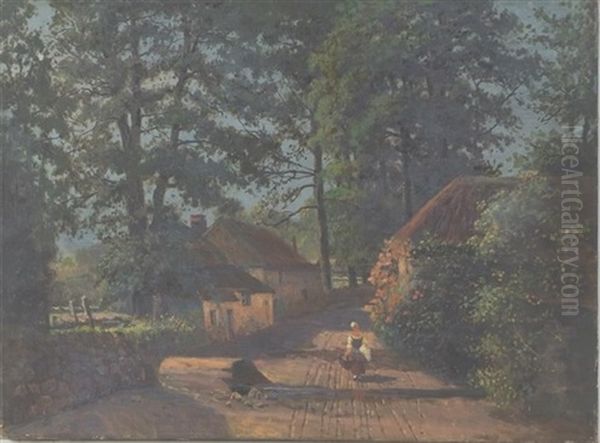 Small Woodland Cottages With Female Figure Oil Painting by W. Livingston Anderson