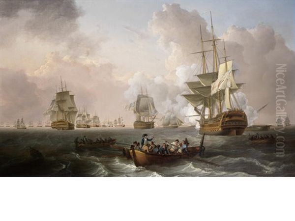 H.m.s. Culloden, Under Captain Troubridge's Command, Stranded On A Shoal Off Aboukir Island As The Battle Of The Nile Rages In The Distance Ahead Of Her Oil Painting by William Anderson