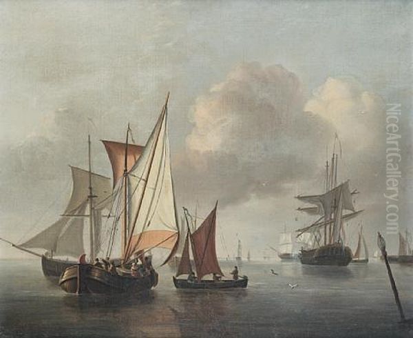 Dutch Pinks And Other Vessels In A Calm Offshore Oil Painting by William Anderson