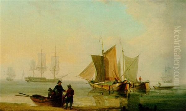Barges Inshore With Warships Beyond Oil Painting by William Anderson