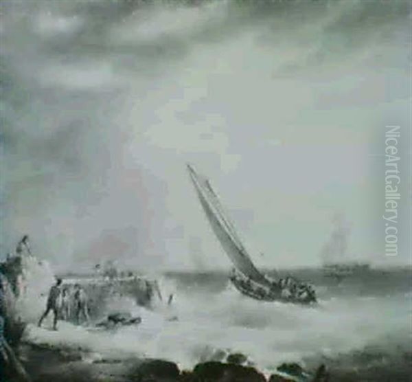 A Coastal Scene Of Ships Off Arocky Pier, With Fisherfolk Inthe Foreground Oil Painting by William Anderson