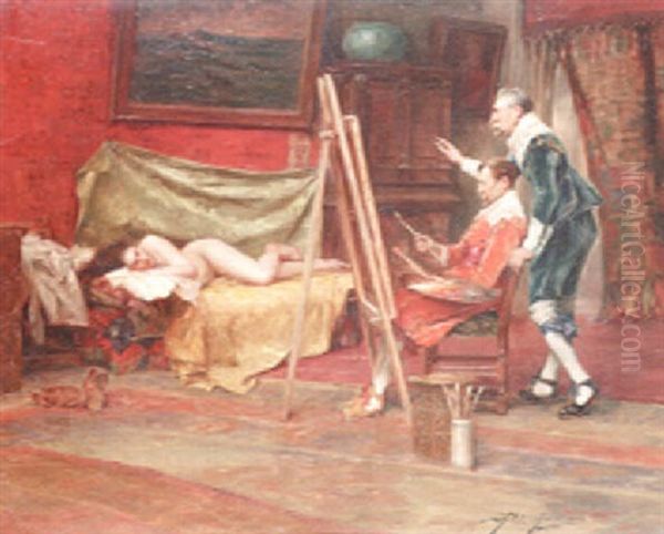 Two Cavaliers Paint A Nude Oil Painting by Alex De Andreis