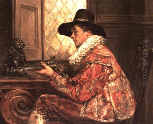 Seated Musketeer With Wheel-lock Pistol Oil Painting by Alex De Andreis
