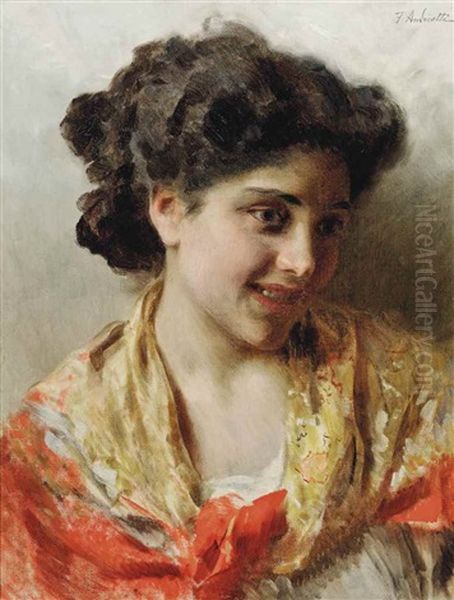 A Laughing Maiden Oil Painting by Federico Andreotti