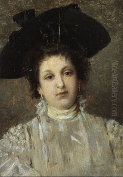 Ritratto Di Signora Con Vestito Bianco E Cappello Nero Oil Painting by Federico Andreotti