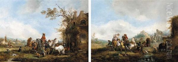 Cavaliers By A Fountain Oil Painting by Henry Andrews