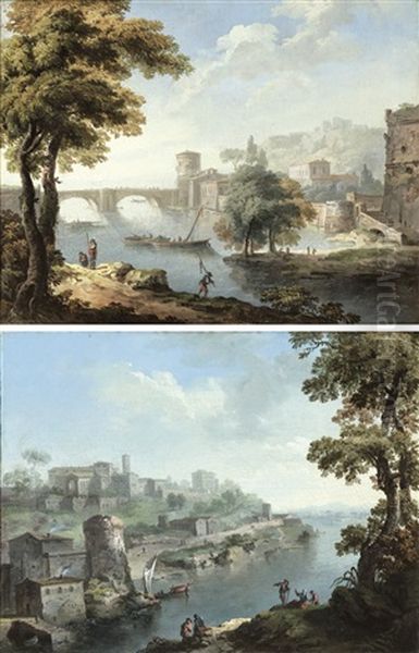 Vue Imaginaire Avec Des Pecheurs Vue Imaginaire Du Tibre Oil Painting by Paolo Anesi