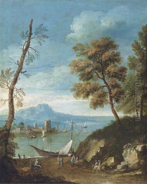 A Mediteranean Coastal Landscape With Figures Unloading A Sailing Vessel, Other Figures Resting On A Path On The Edge Of A Wood Oil Painting by Paolo Anesi